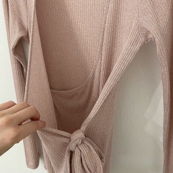 Balletcore Wrap Side Tie Long Sleeve Top | Bobeau Dusty Rose Pink Ribbed Sweater - Picture 6 of 16